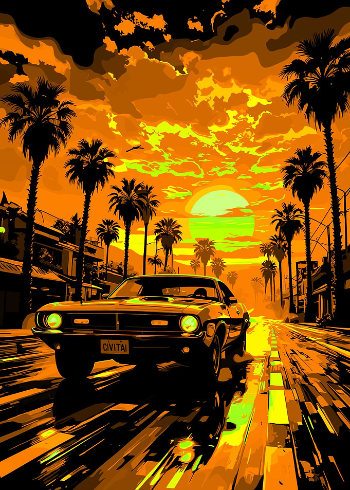 Retro Car Driving at Sunset