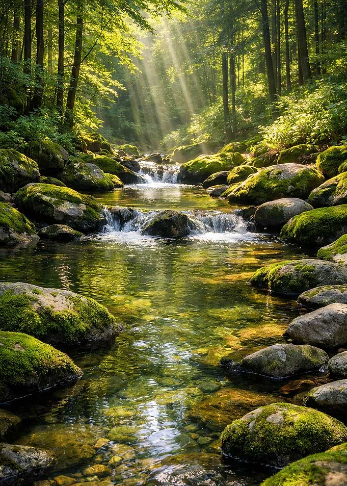 Sunbeams in a Forest Stream