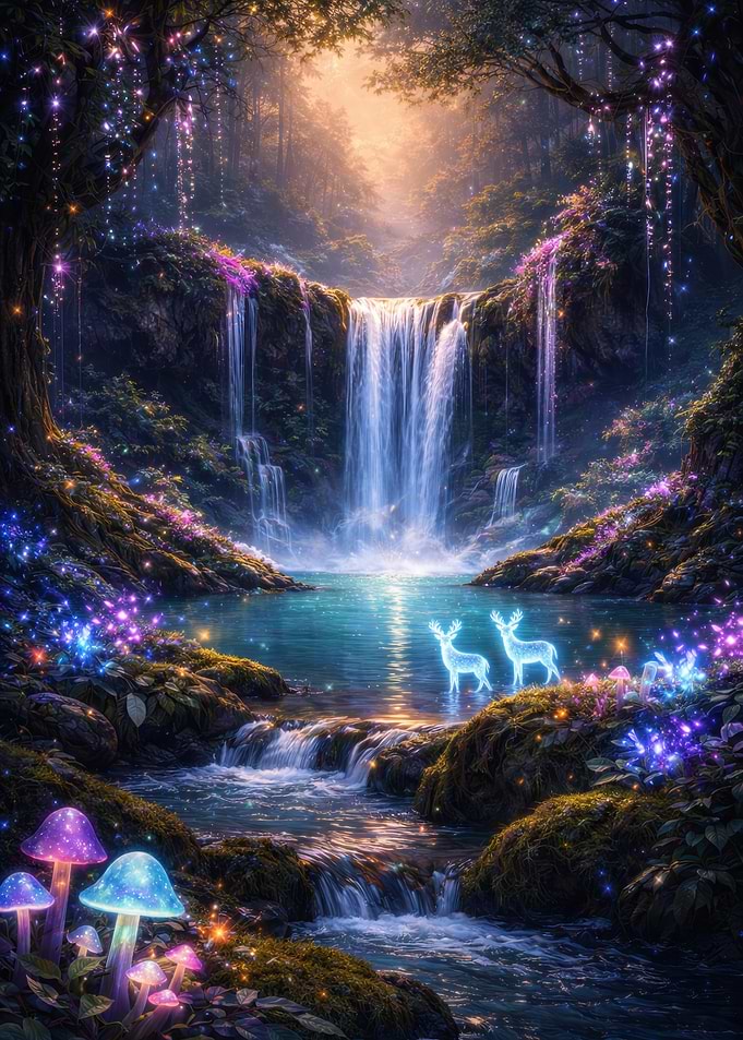 Forest Waterfall with Glowing Deer