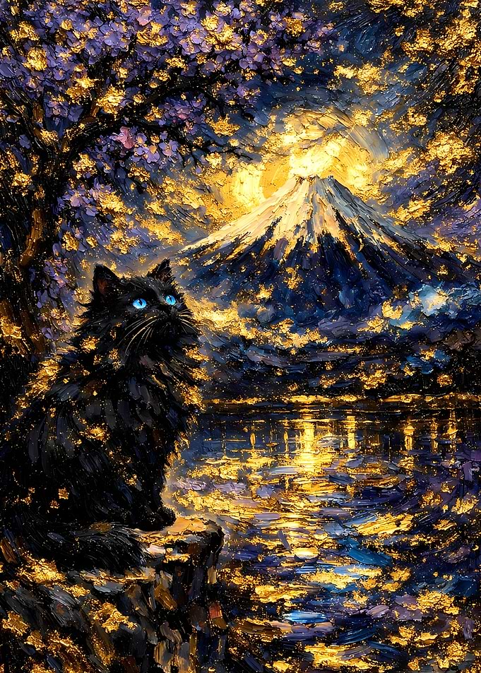 Black Cat by Mount Fuji