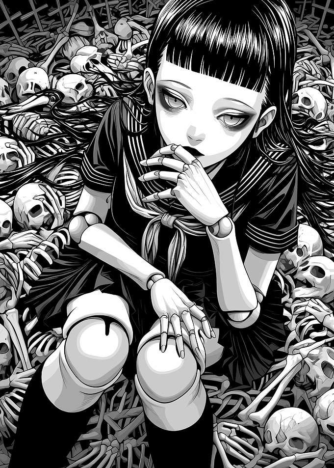 Gothic Doll Among Skeletons