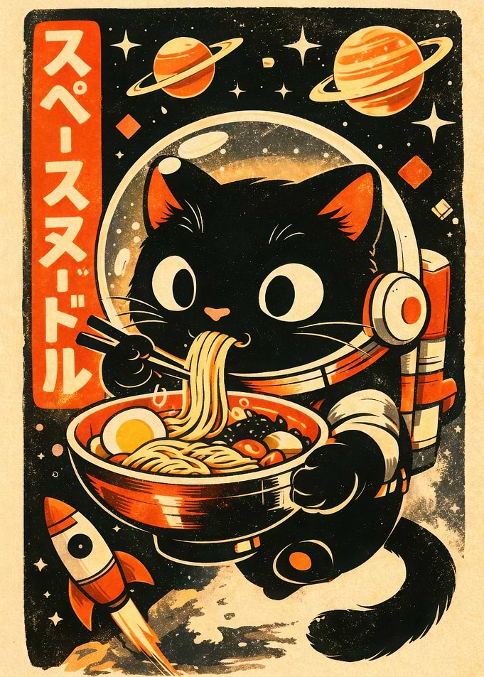 Astronaut Cat Eating Ramen in Space