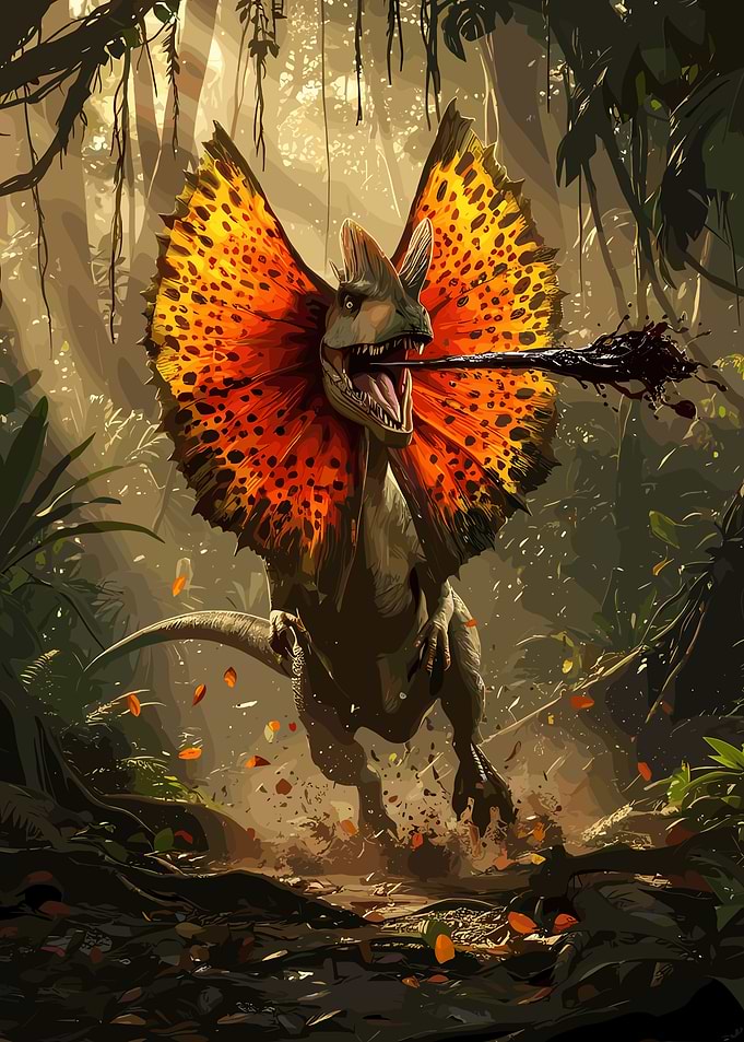 Dilophosaurus spitting venom in jungle