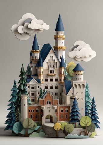 Whimsical Papercraft Castle with Trees and Clouds