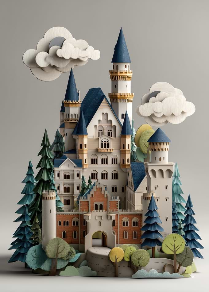 Whimsical Papercraft Castle with Trees and Clouds