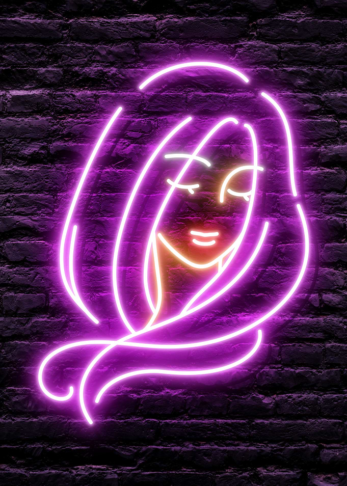Beautiful Purple Hair Neon Woman Artwork Portrait on a dark Brick Wall background