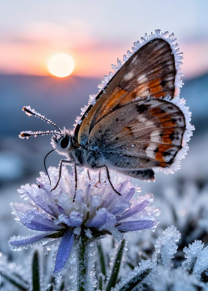 Butterfly on a frosted flower at sunrise