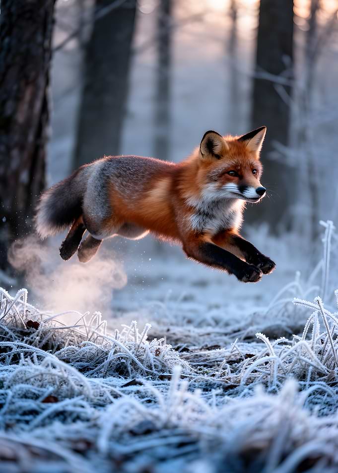 Fox jumping in frosty forest