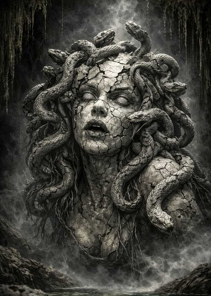Medusa Stone Statue with Snakes