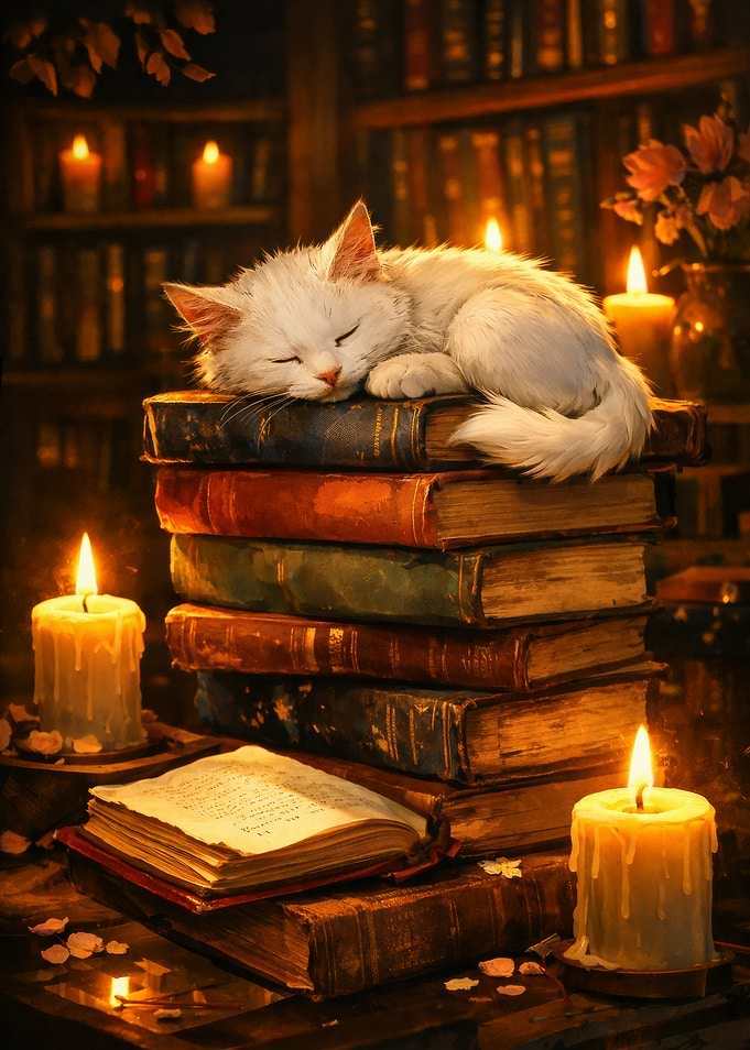 Cat Sleeping on Books by Candlelight