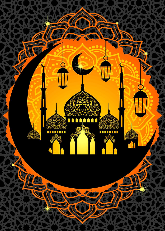 Ramadan Mosque Silhouette with Crescent Moon
