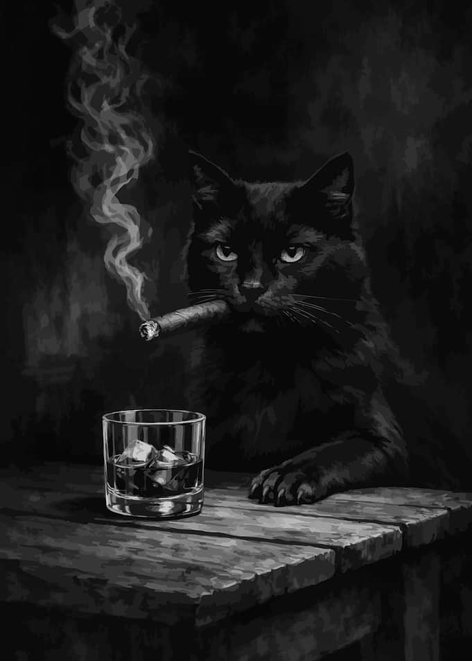 Black Cat Smoking a Cigar with Whiskey
