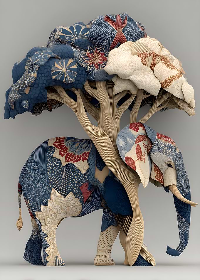 Elephant Tree Sculpture with Fabric Patterns