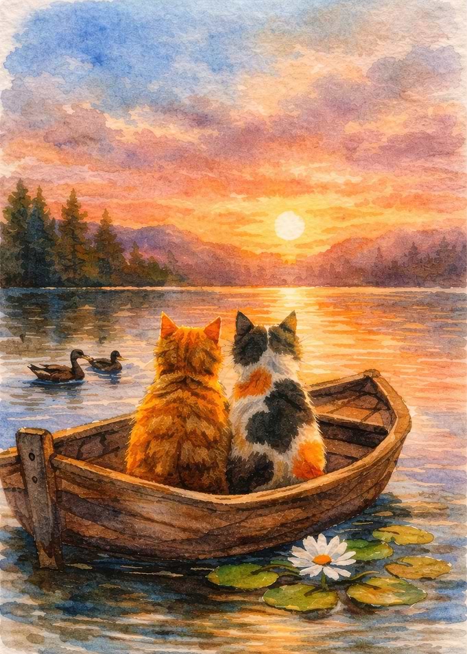 Cats in a boat at sunset