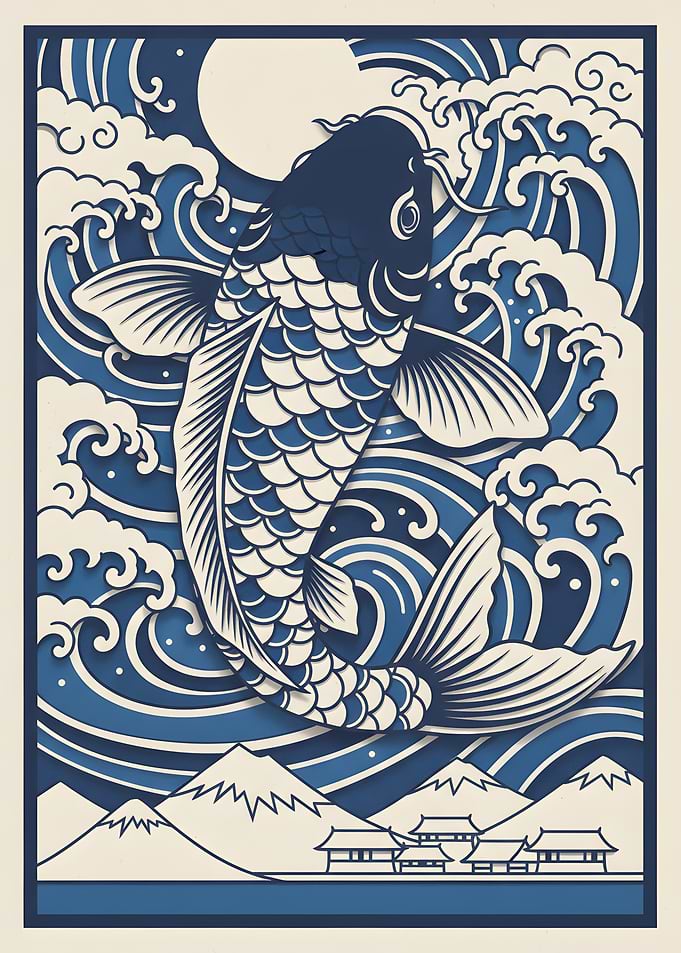 Koi Fish in Waves with Mount Fuji