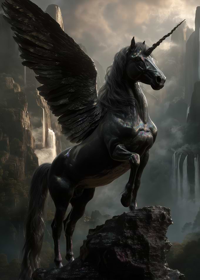 Black Pegasus Unicorn on Rocky Outcrop