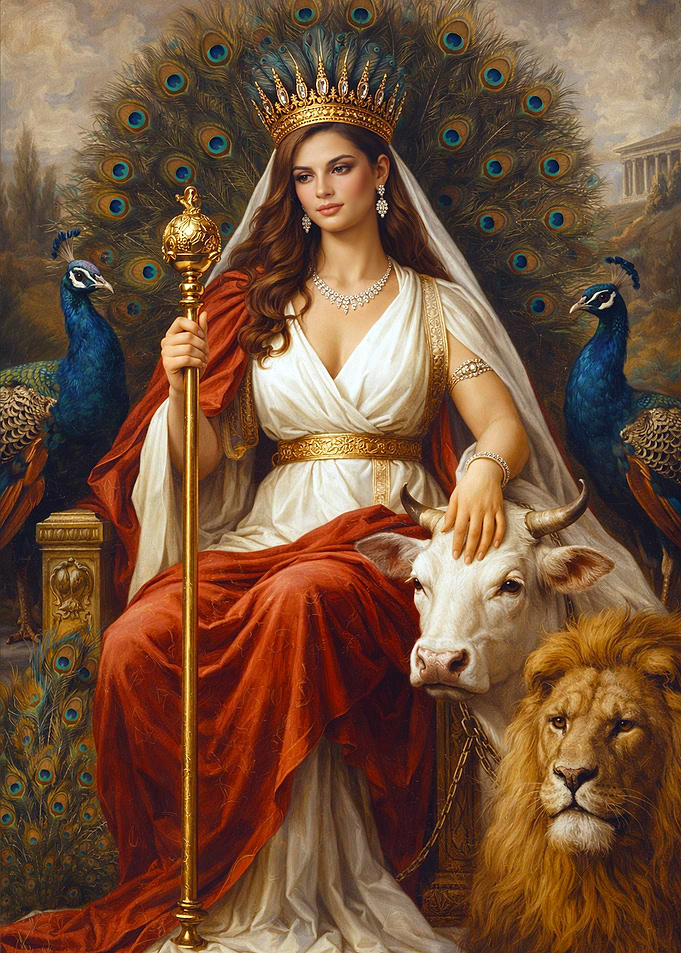Hera Goddess with Peacock, Cow, and Lion