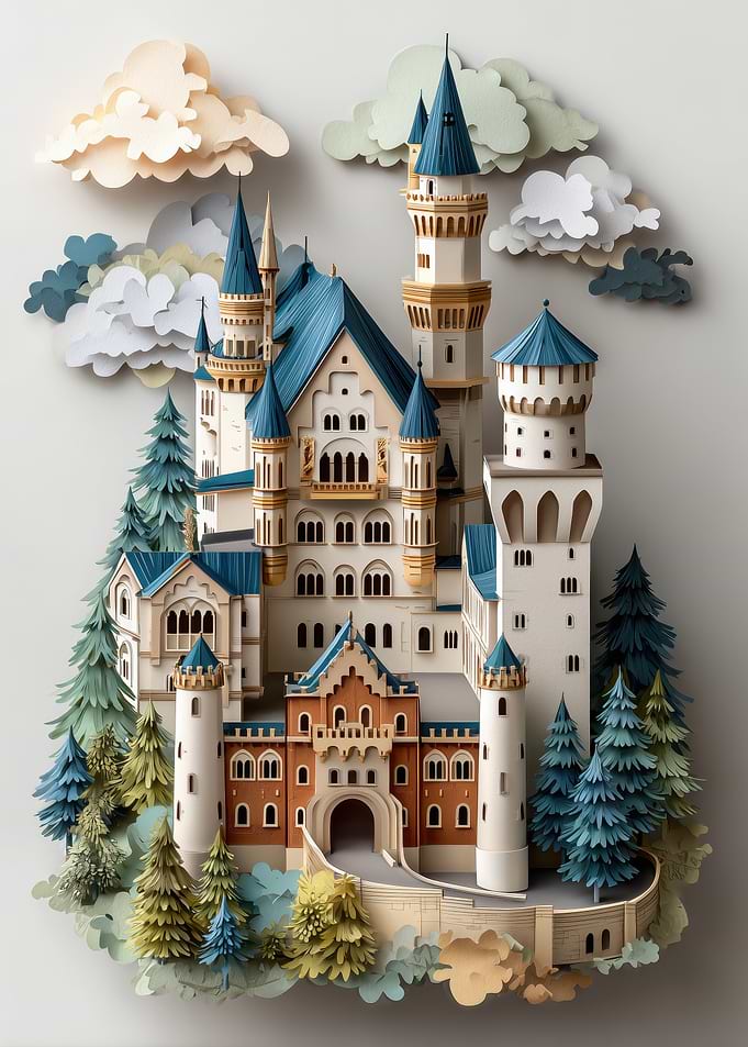 Papercraft Castle with Trees and Clouds