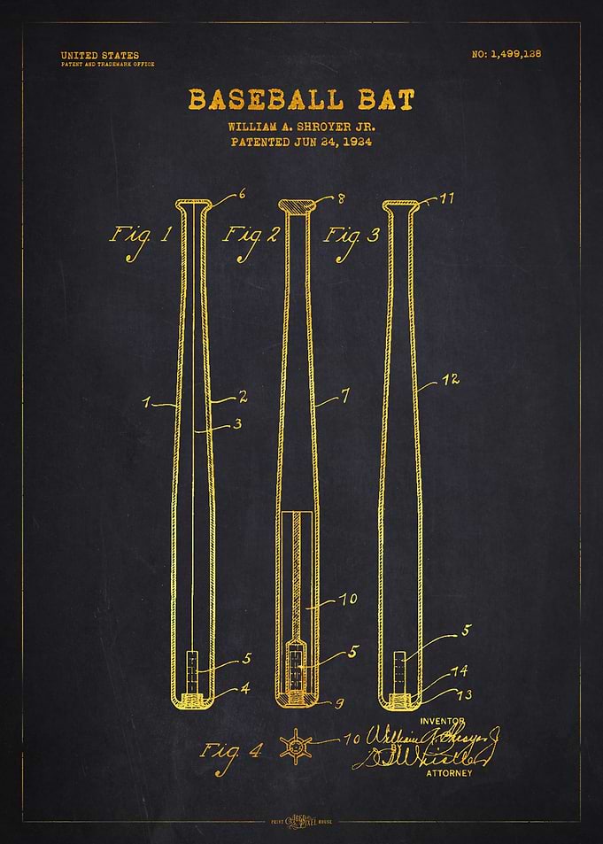 1924 Baseball Bat Patent Gold