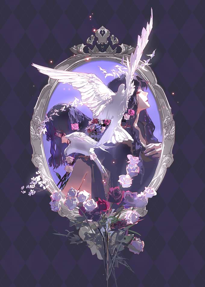 Mirror Reflection with Doves and Roses