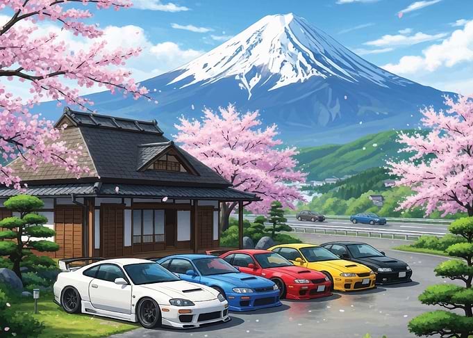 JDM Japanese Scene with Sports Cars and Mount Fuji