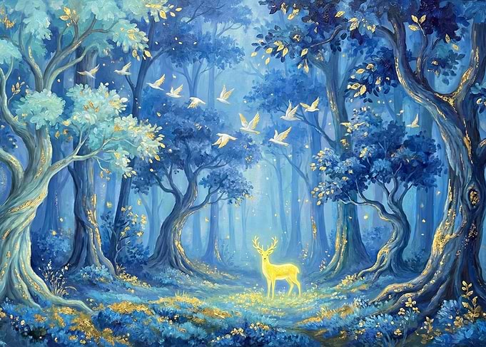 Enchanted Forest with Golden Deer and Birds