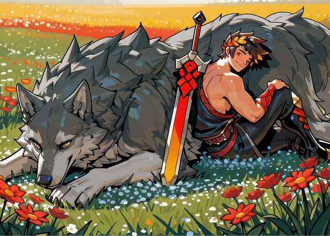 Hades. Zagreus and Cerberus in a field