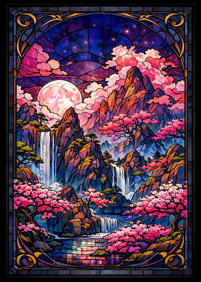 Stained Glass Mountain Waterfall Scene