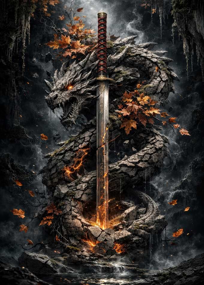 Dragon and Katana in Mystical Forest