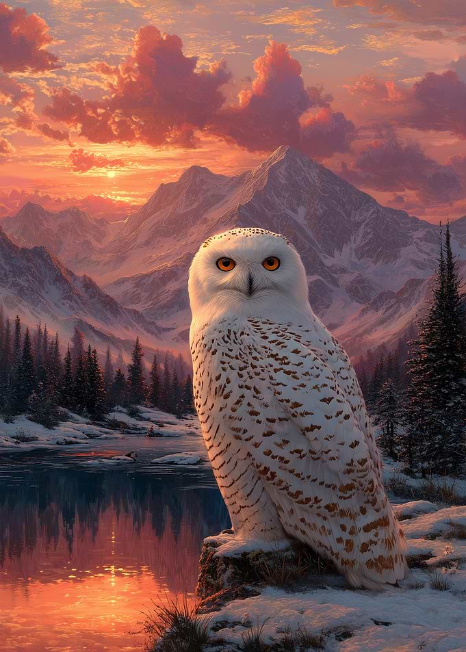 Snowy Owl in Mountain Sunset