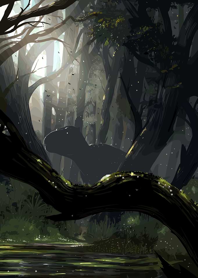 Mysterious Dinosaur in a Sunlit Forest
