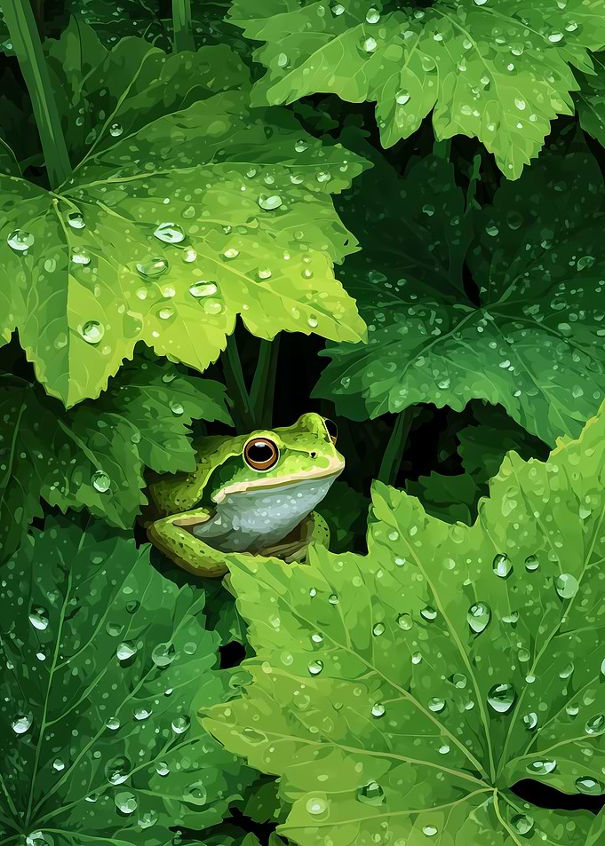 Green Frog on Wet Leaves