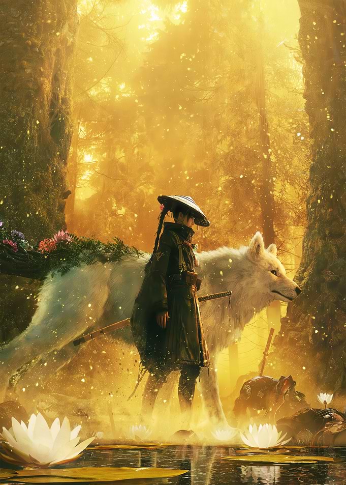 Samurai and Wolf in Enchanted Forest