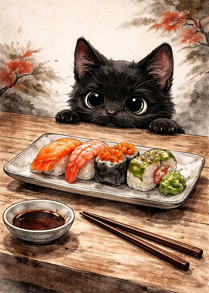 Cute black cat peeking at sushi