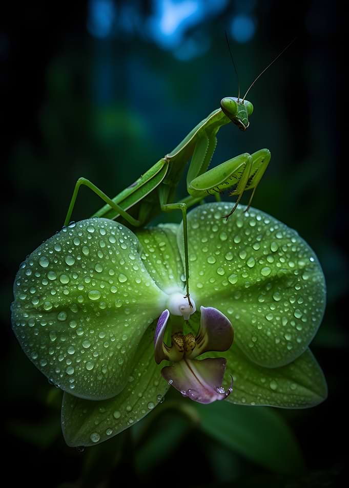 Praying Mantis on Dewy Orchid