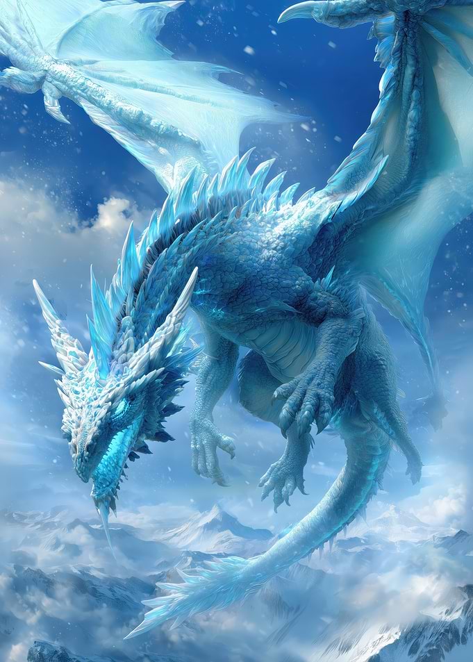 Ice Dragon Flying Over Mountains