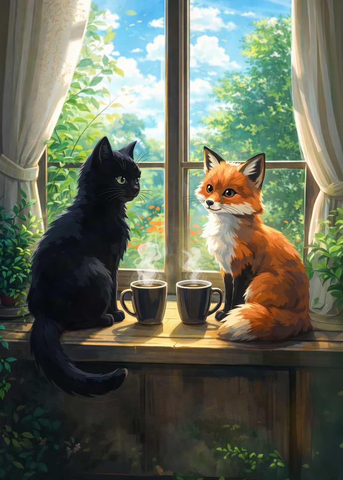 Cat and Fox Enjoying Coffee by the Window