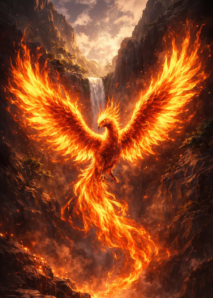Fiery Phoenix Ascending from a Waterfall