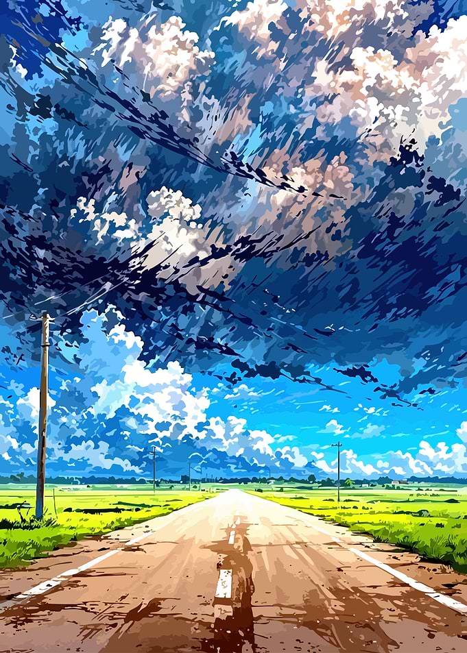 Anime Road Through Green Fields