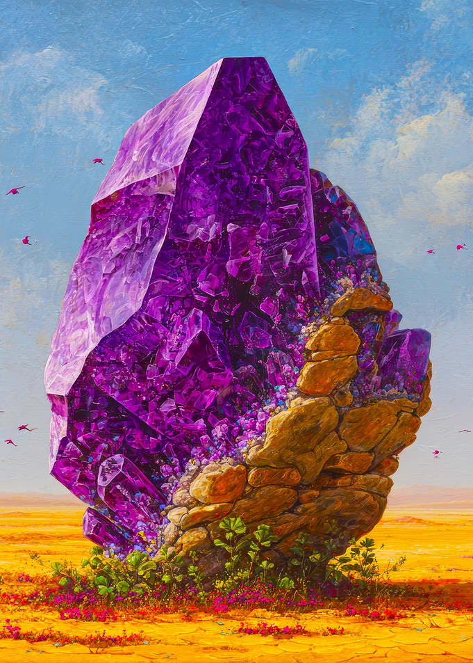 Giant Amethyst Crystal in Desert Landscape