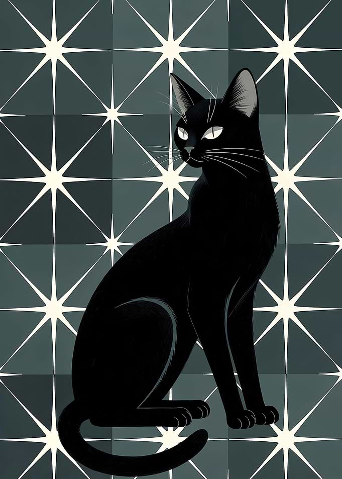 Black Cat on Star Pattern Background