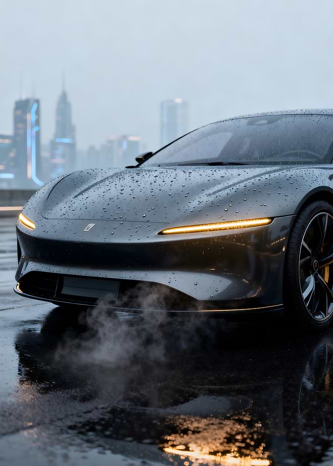 Futuristic sports car in the rain