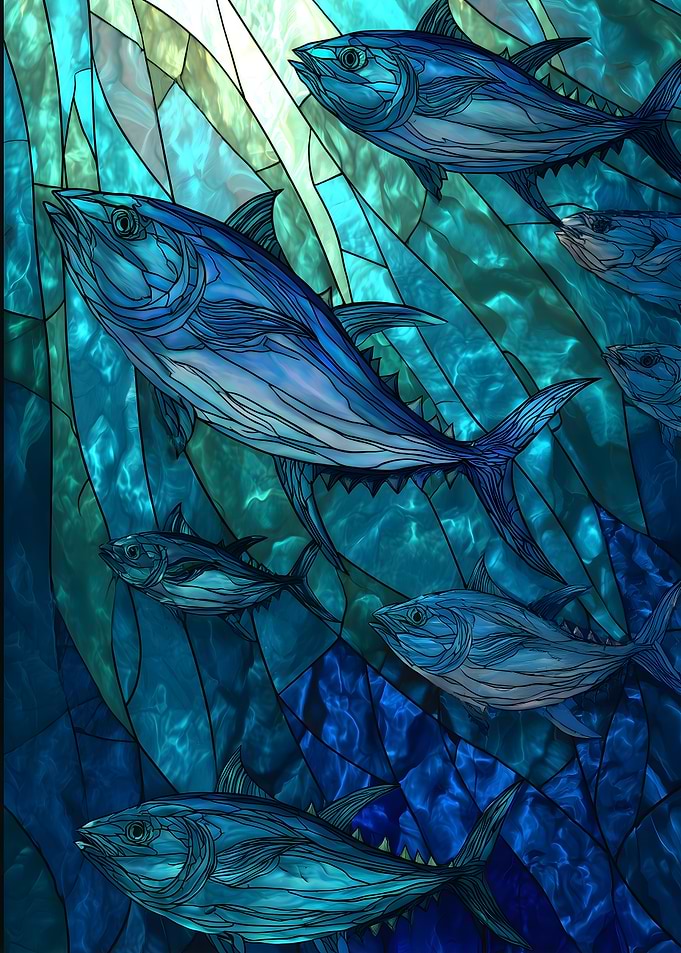 Tuna swimming in stained glass ocean