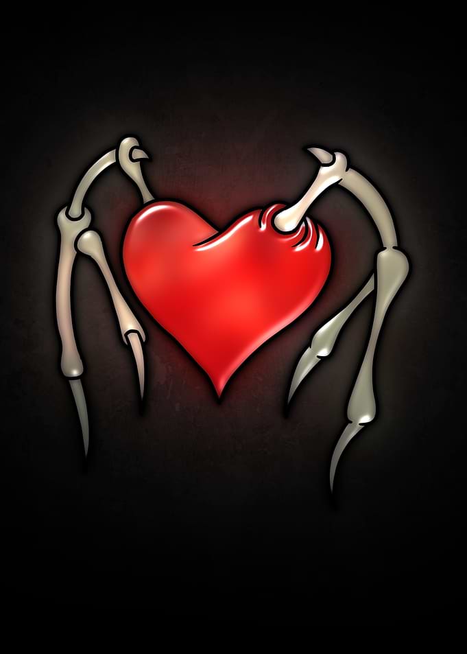 Skeleton Hands Holding Red Heart