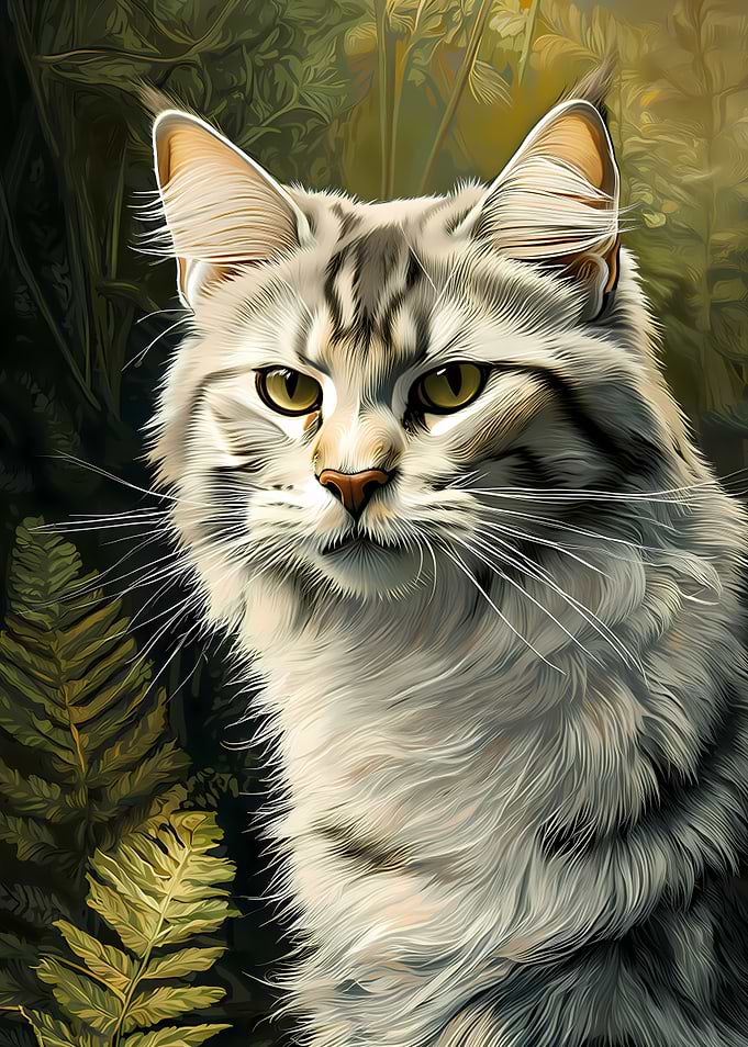 Majestic Cat in a Fern Forest