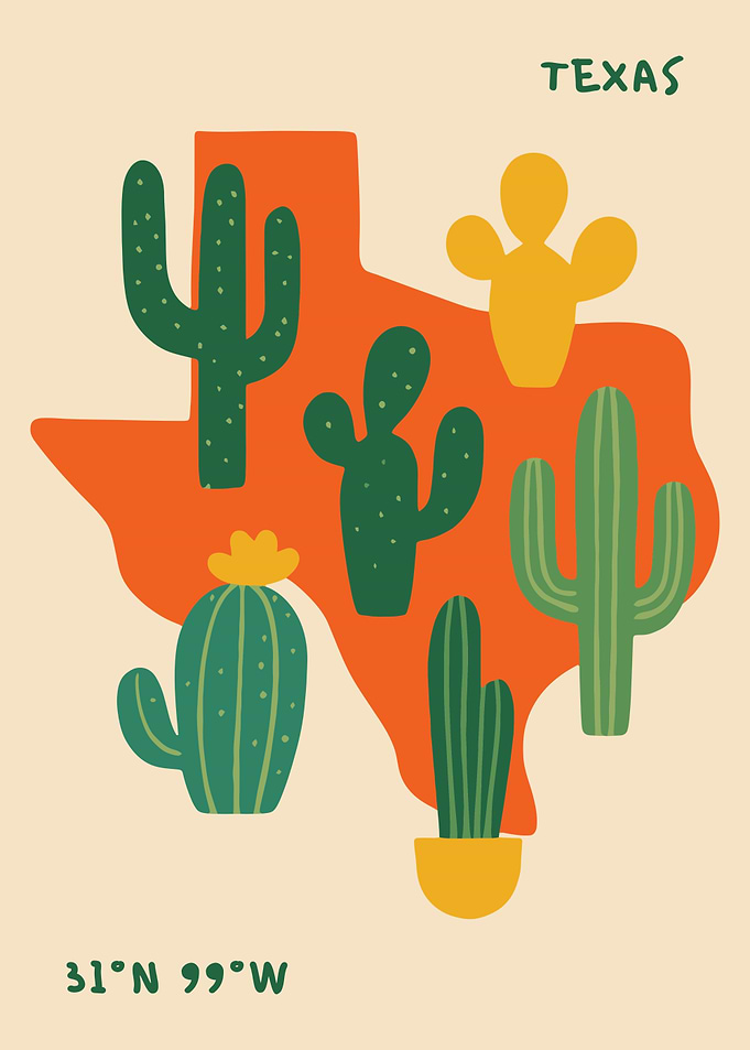 Texas Map with Cacti Illustration