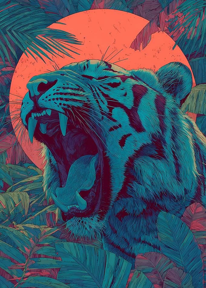 Roaring Tiger in Tropical Jungle