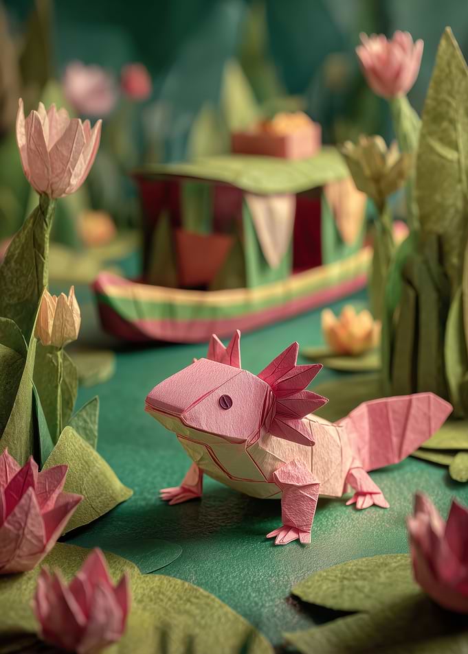 Origami Axolotl in a Pond