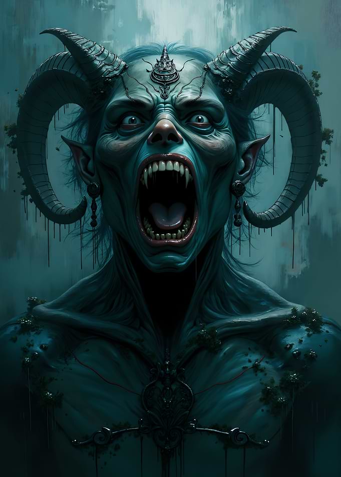 Demonic creature with horns screaming