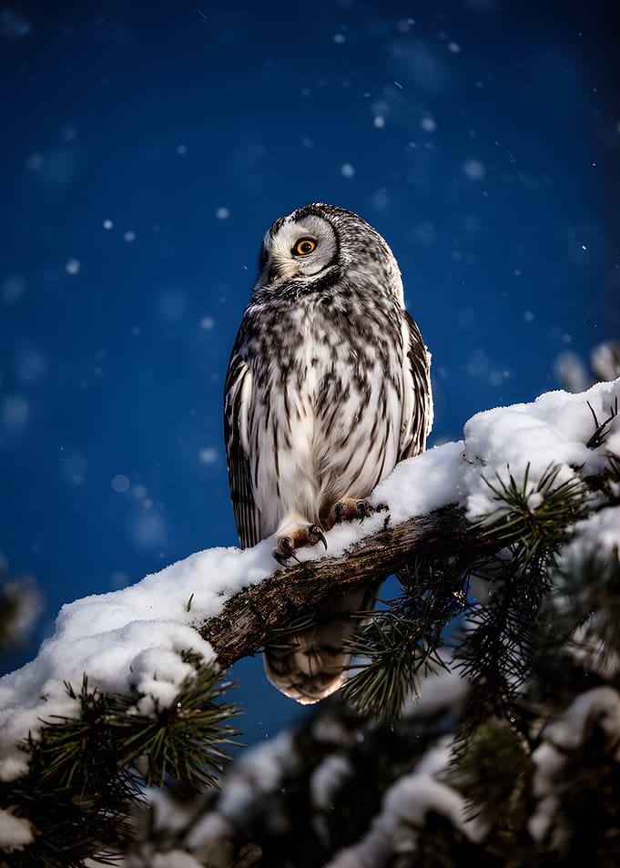 Snowy Owl on a Pine Branch